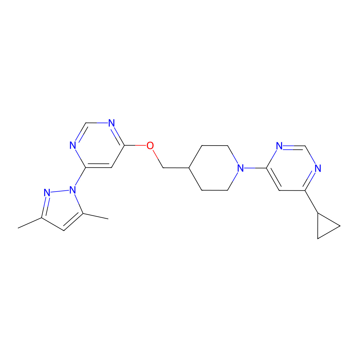 4-cyclopropyl-6-[4-({[6-(3,5-dimethyl-1H-pyrazol-1-yl)pyrimidin-4-yl]oxy}methyl)piperidin-1-yl]pyrimidine molecular structure, CAS 2379995-23-8