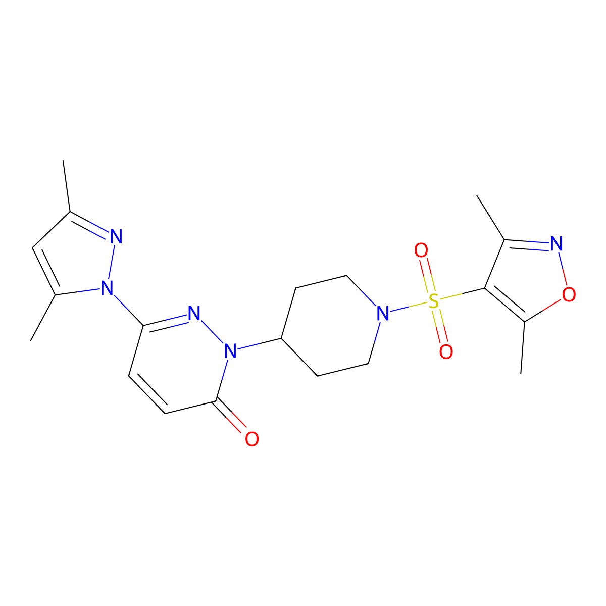 2-{1-[(3,5-dimethyl-1,2-oxazol-4-yl)sulfonyl]piperidin-4-yl}-6-(3,5-dimethyl-1H-pyrazol-1-yl)-2,3-dihydropyridazin-3-one molecular structure, CAS 2379995-28-3