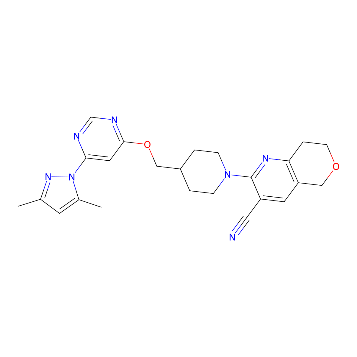 2-[4-({[6-(3,5-dimethyl-1H-pyrazol-1-yl)pyrimidin-4-yl]oxy}methyl)piperidin-1-yl]-5H,7H,8H-pyrano[4,3-b]pyridine-3-carbonitrile molecular structure, CAS 2379995-33-0