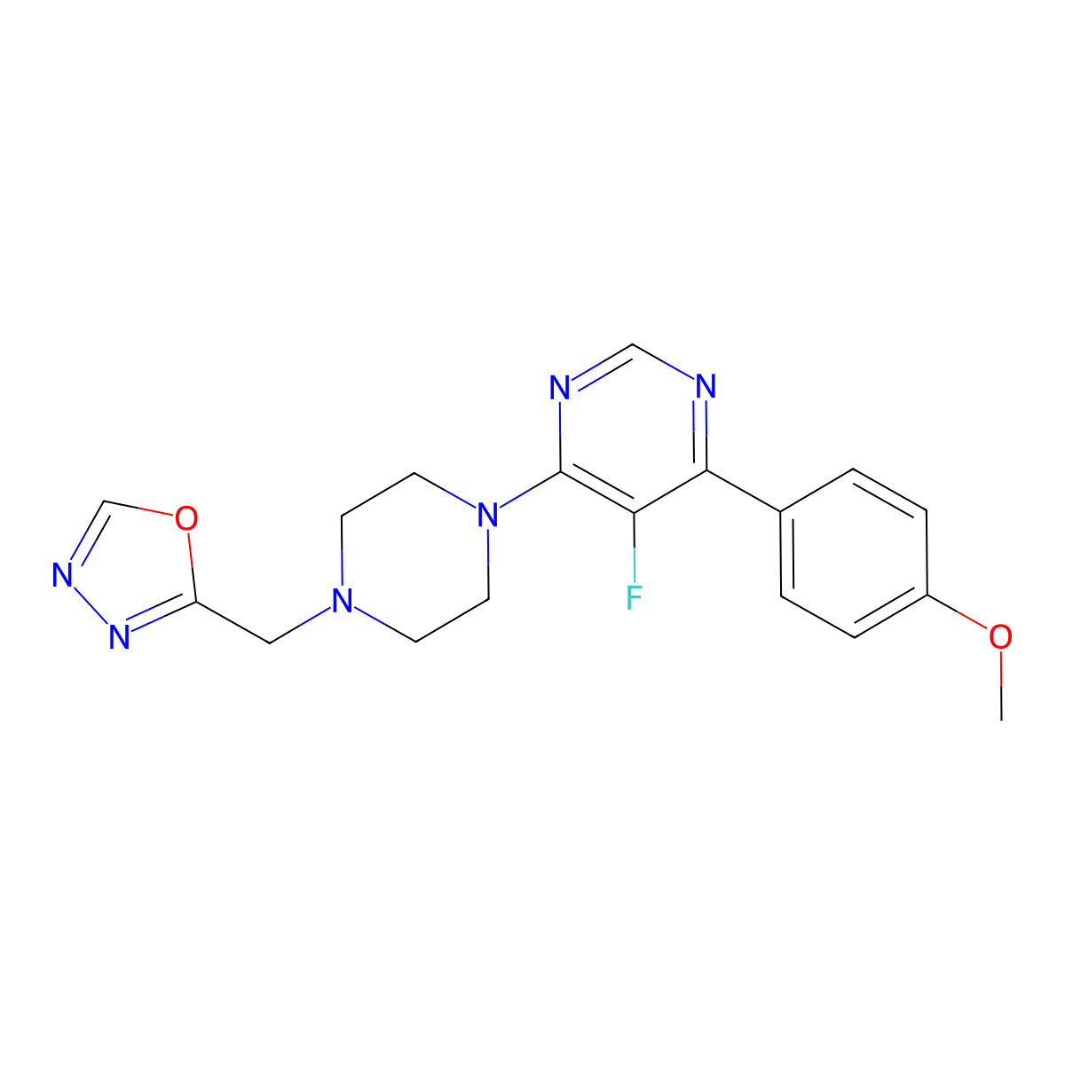 5-Fluoro-4-(4-methoxyphenyl)-6-{4-[(1,3,4-oxadiazol-2-yl)methyl]piperazin-1-yl}pyrimidine molecular structure, CAS 2379995-38-5