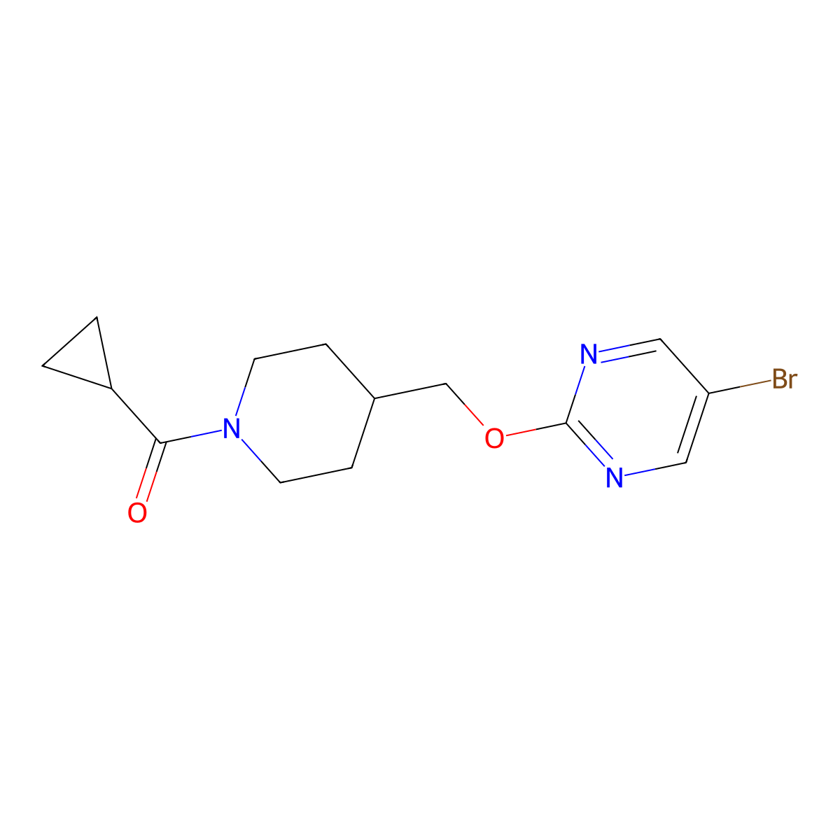 5-Bromo-2-[(1-cyclopropanecarbonylpiperidin-4-yl)methoxy]pyrimidine molecular structure, CAS 2379995-39-6