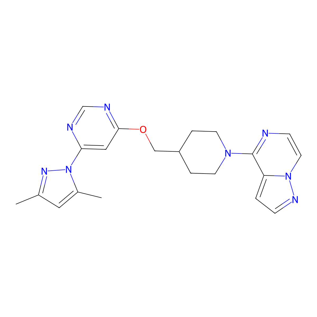 4-(3,5-dimethyl-1H-pyrazol-1-yl)-6-[(1-{pyrazolo[1,5-a]pyrazin-4-yl}piperidin-4-yl)methoxy]pyrimidine molecular structure, CAS 2379995-43-2