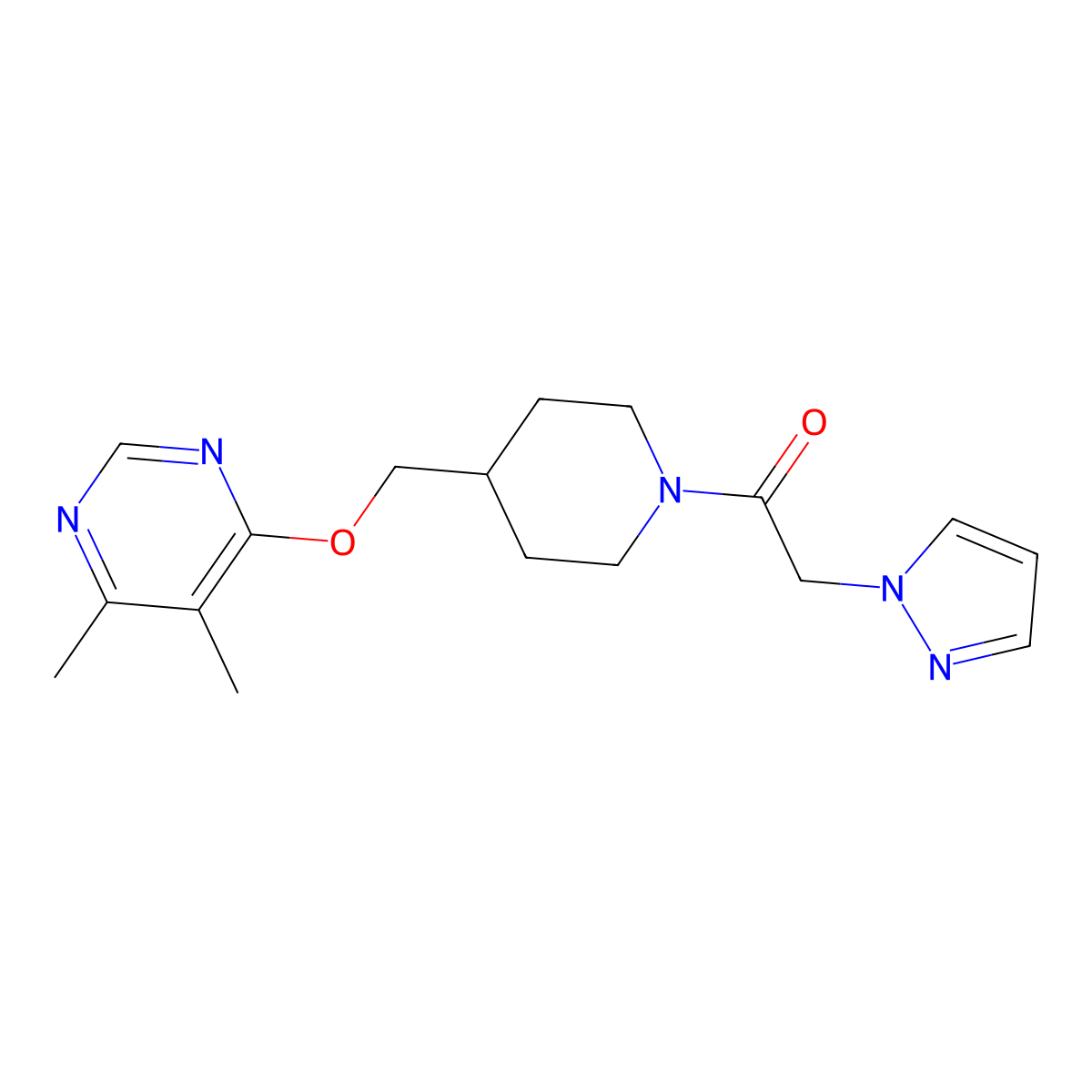 1-(4-{[(5,6-dimethylpyrimidin-4-yl)oxy]methyl}piperidin-1-yl)-2-(1H-pyrazol-1-yl)ethan-1-one molecular structure, CAS 2379995-51-2