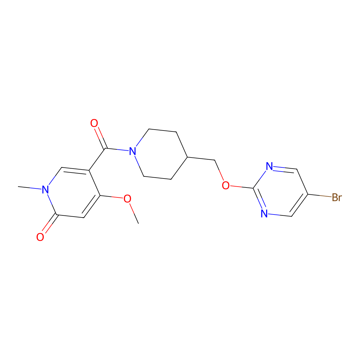 5-(4-{[(5-Bromopyrimidin-2-yl)oxy]methyl}piperidine-1-carbonyl)-4-methoxy-1-methyl-1,2-dihydropyridin-2-one molecular structure, CAS 2379995-55-6