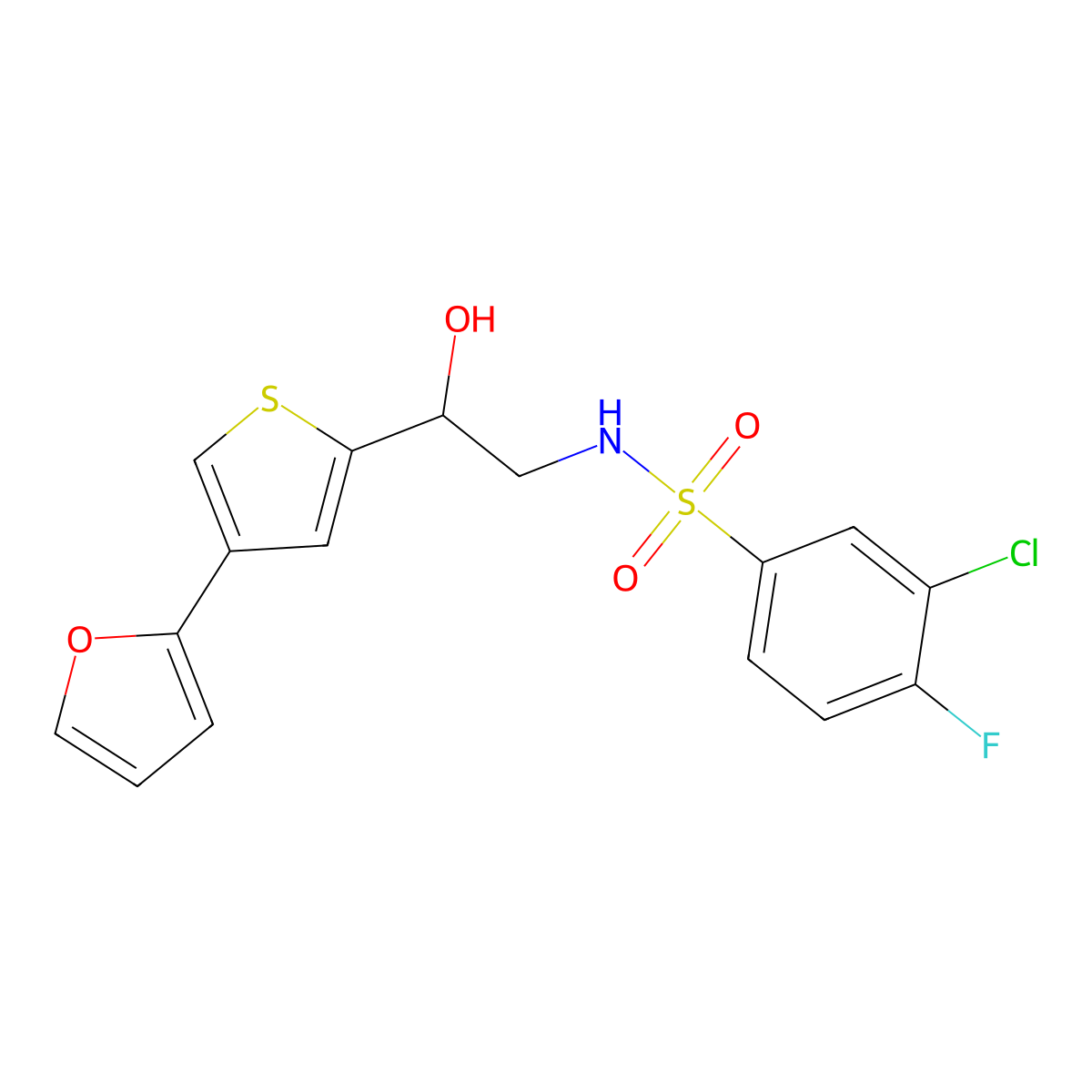 3-chloro-4-fluoro-N-{2-[4-(furan-2-yl)thiophen-2-yl]-2-hydroxyethyl}benzene-1-sulfonamide molecular structure, CAS 2379995-56-7
