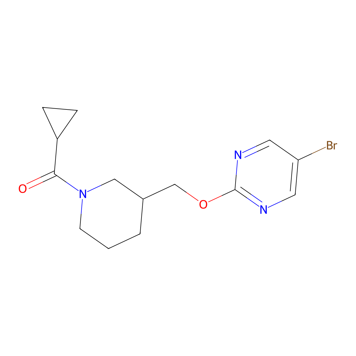 5-Bromo-2-[(1-cyclopropanecarbonylpiperidin-3-yl)methoxy]pyrimidine molecular structure, CAS 2379995-57-8