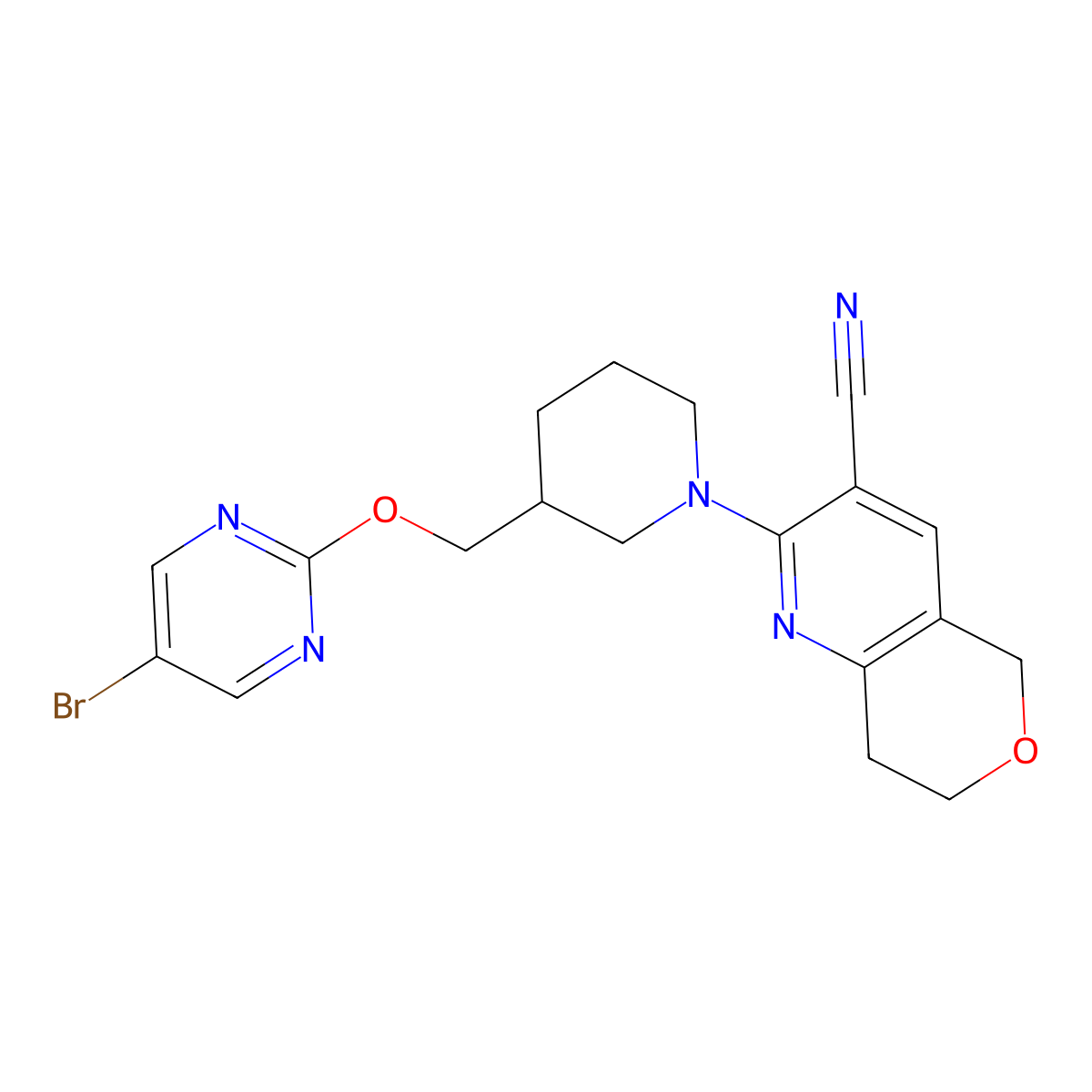 2-(3-{[(5-bromopyrimidin-2-yl)oxy]methyl}piperidin-1-yl)-5H,7H,8H-pyrano[4,3-b]pyridine-3-carbonitrile molecular structure, CAS 2379995-60-3