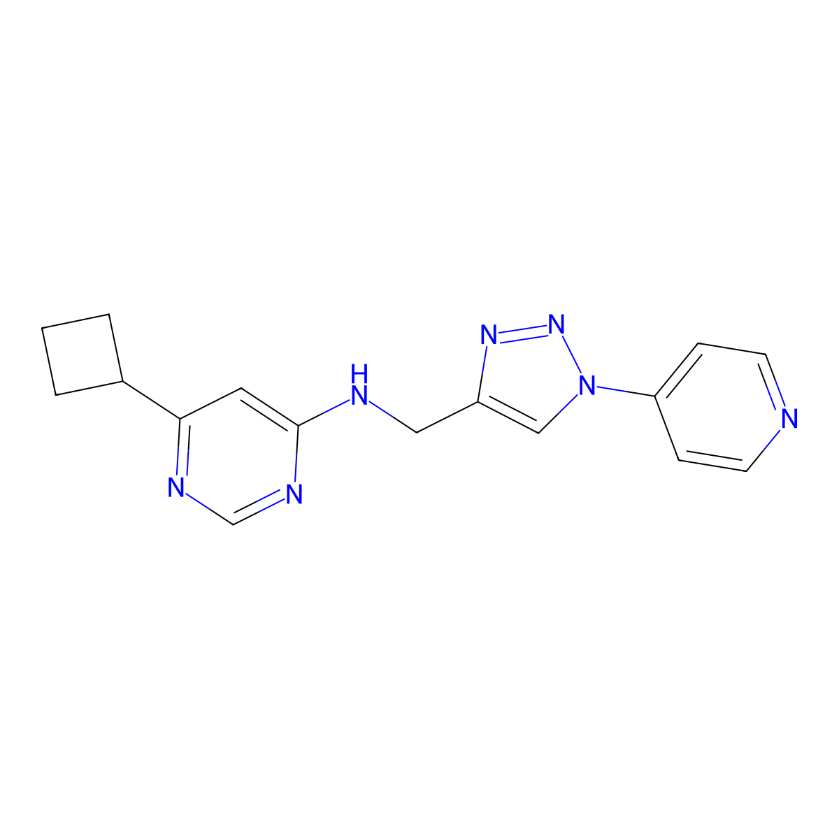 6-cyclobutyl-N-{[1-(pyridin-4-yl)-1H-1,2,3-triazol-4-yl]methyl}pyrimidin-4-amine molecular structure, CAS 2379995-61-4