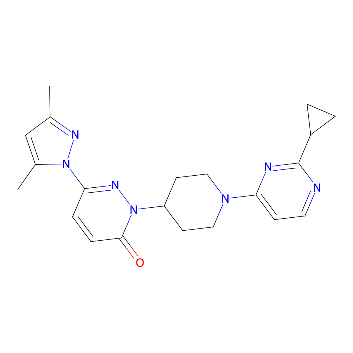 2-[1-(2-cyclopropylpyrimidin-4-yl)piperidin-4-yl]-6-(3,5-dimethyl-1H-pyrazol-1-yl)-2,3-dihydropyridazin-3-one molecular structure, CAS 2379995-72-7