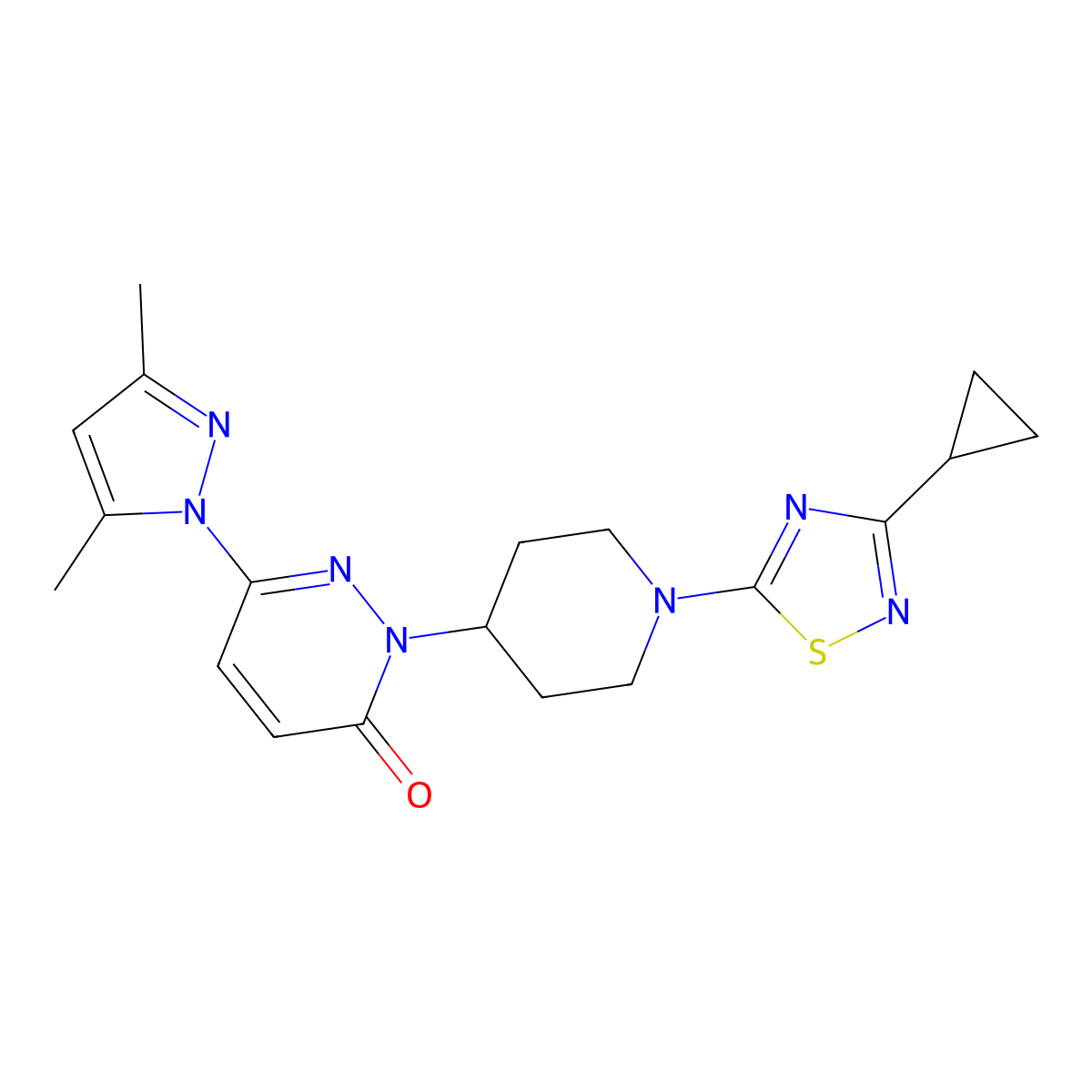 2-[1-(3-cyclopropyl-1,2,4-thiadiazol-5-yl)piperidin-4-yl]-6-(3,5-dimethyl-1H-pyrazol-1-yl)-2,3-dihydropyridazin-3-one molecular structure, CAS 2379995-87-4