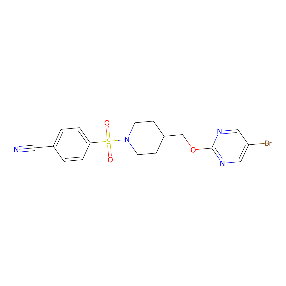 4-[(4-{[(5-Bromopyrimidin-2-yl)oxy]methyl}piperidin-1-yl)sulfonyl]benzonitrile molecular structure, CAS 2379995-96-5