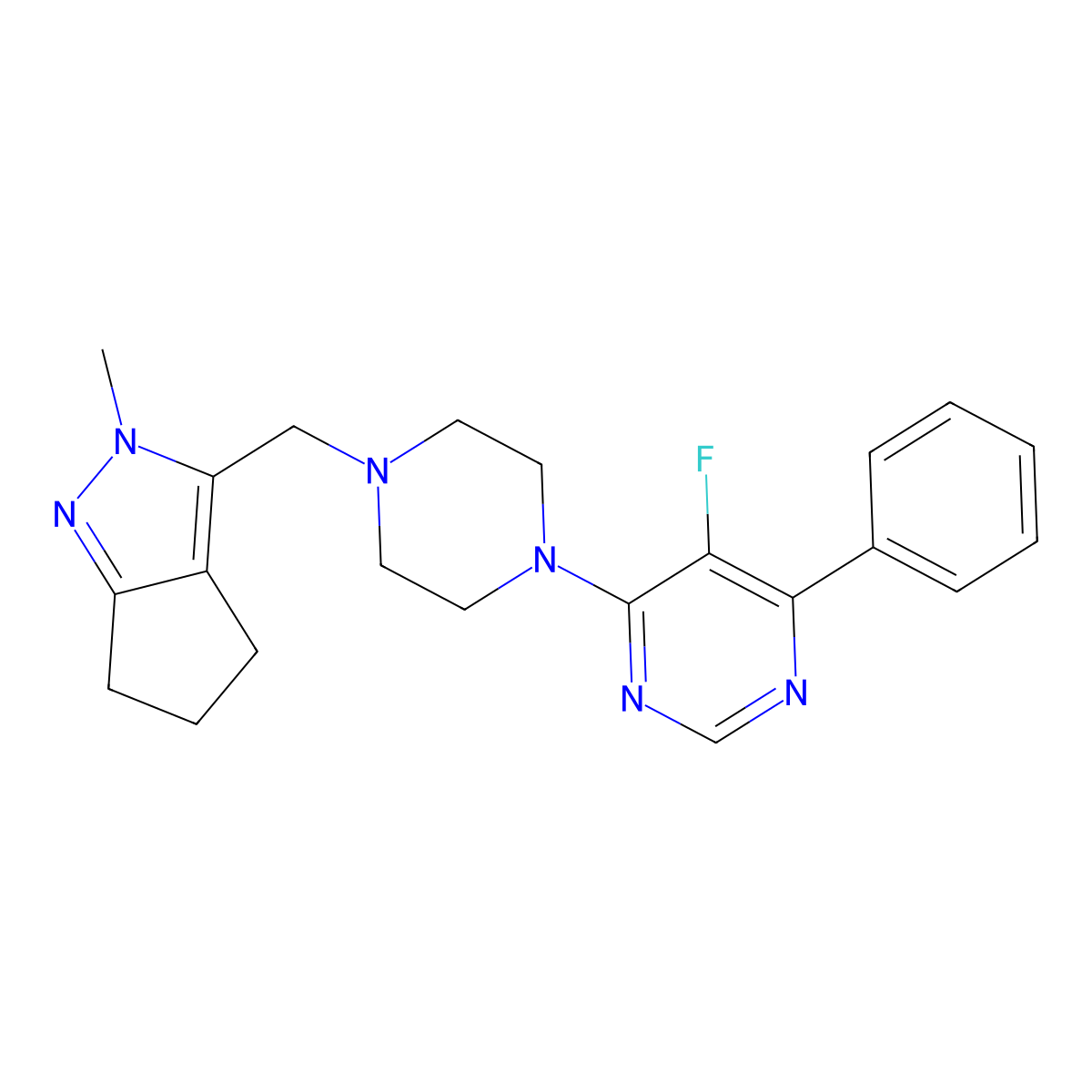 5-fluoro-4-[4-({2-methyl-2H,4H,5H,6H-cyclopenta[c]pyrazol-3-yl}methyl)piperazin-1-yl]-6-phenylpyrimidine molecular structure, CAS 2379996-10-6