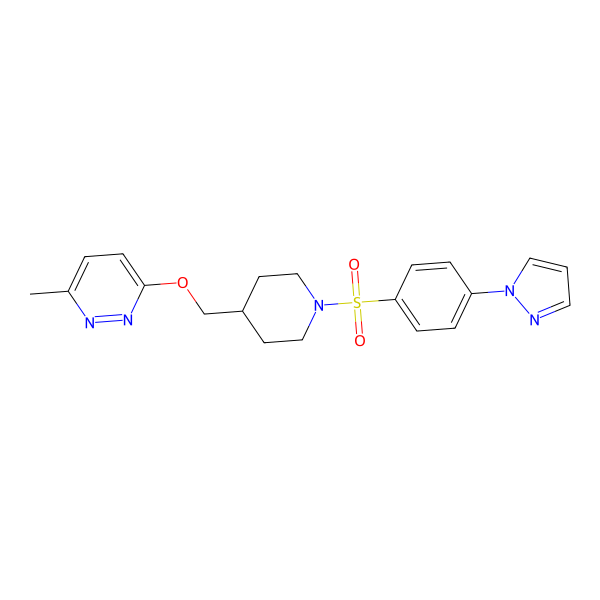 3-methyl-6-({1-[4-(1H-pyrazol-1-yl)benzenesulfonyl]piperidin-4-yl}methoxy)pyridazine molecular structure, CAS 2379996-17-3