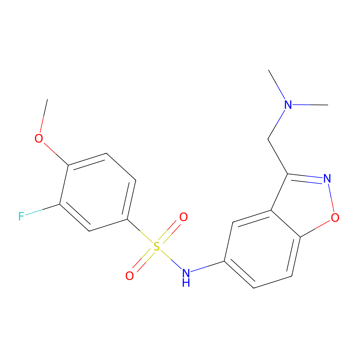 N-{3-[(dimethylamino)methyl]-1,2-benzoxazol-5-yl}-3-fluoro-4-methoxybenzene-1-sulfonamide molecular structure, CAS 2379996-25-3
