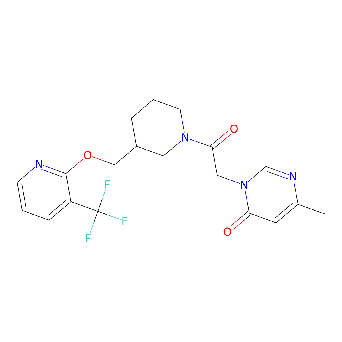6-Methyl-3-{2-oxo-2-[3-({[3-(trifluoromethyl)pyridin-2-yl]oxy}methyl)piperidin-1-yl]ethyl}-3,4-dihydropyrimidin-4-one molecular structure, CAS 2379996-31-1