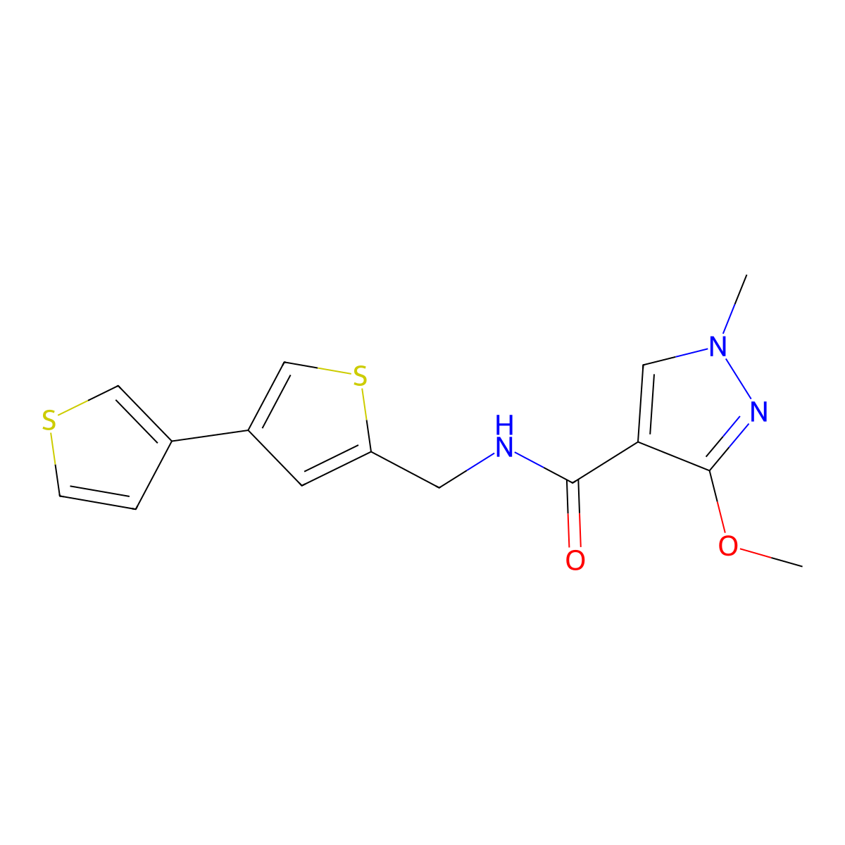 N-({[3,3'-bithiophene]-5-yl}methyl)-3-methoxy-1-methyl-1H-pyrazole-4-carboxamide molecular structure, CAS 2379996-40-2