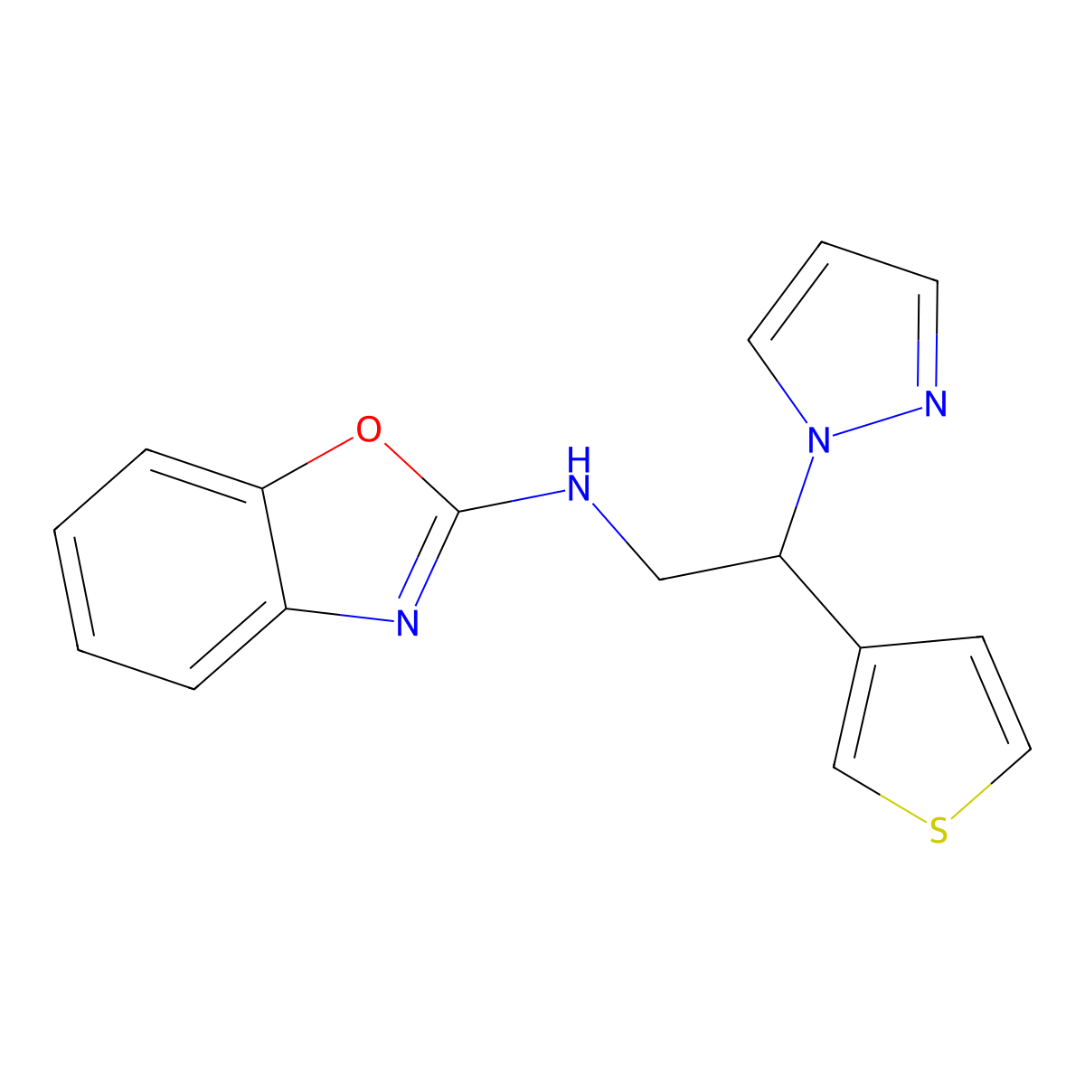 N-[2-(1H-pyrazol-1-yl)-2-(thiophen-3-yl)ethyl]-1,3-benzoxazol-2-amine molecular structure, CAS 2379996-58-2