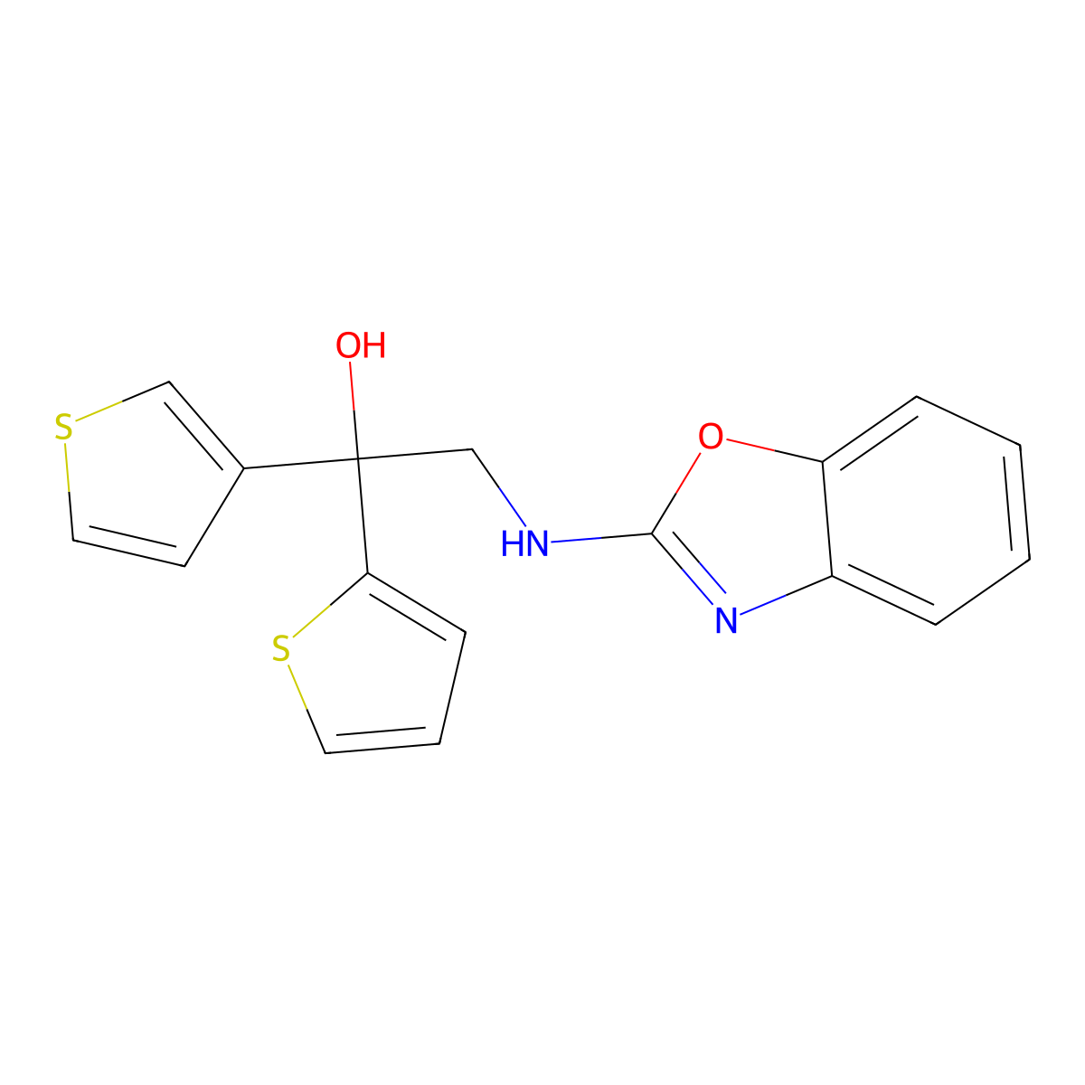 2-[(1,3-Benzoxazol-2-yl)amino]-1-(thiophen-2-yl)-1-(thiophen-3-yl)ethan-1-ol molecular structure, CAS 2379996-65-1