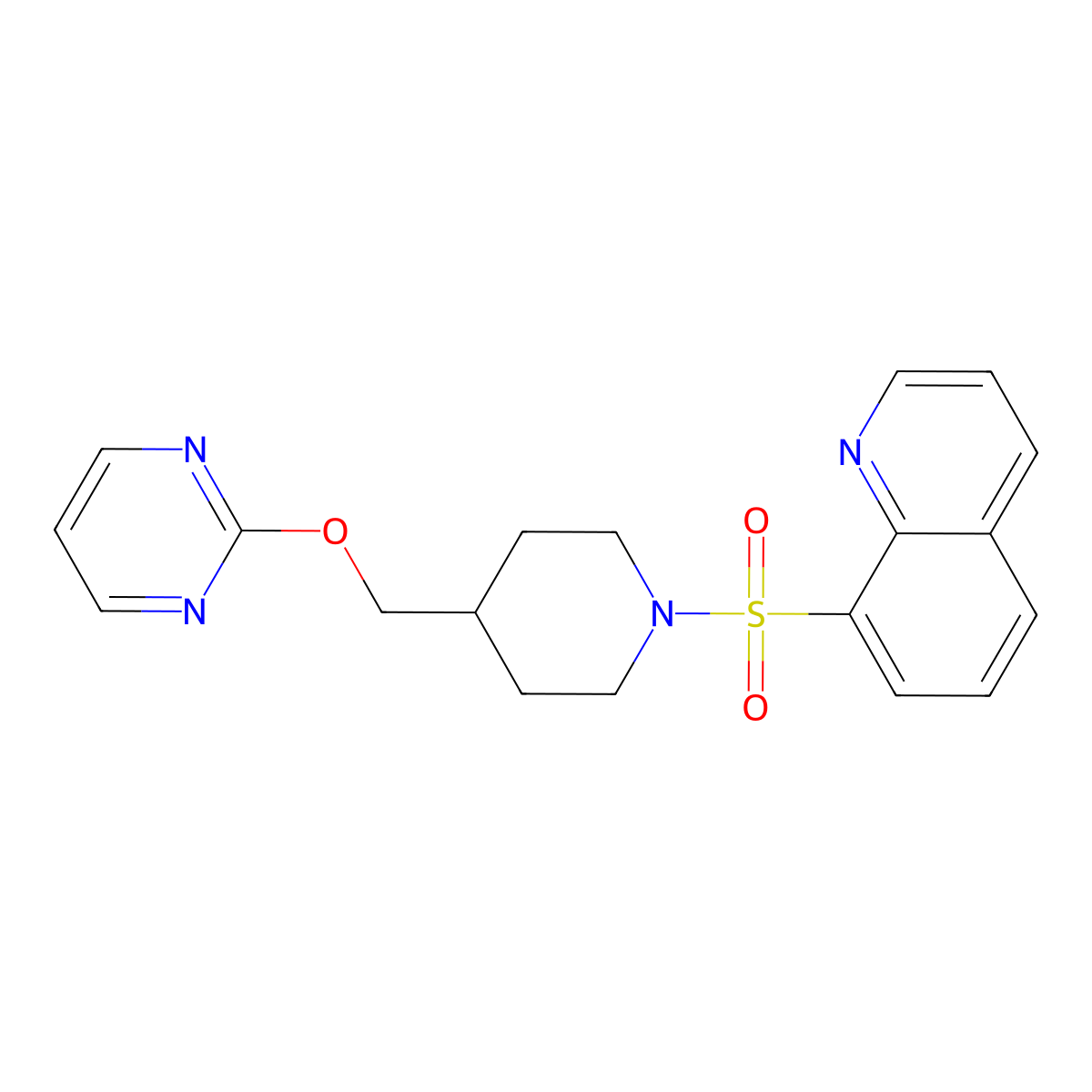 8-({4-[(Pyrimidin-2-yloxy)methyl]piperidin-1-yl}sulfonyl)quinoline molecular structure, CAS 2379996-66-2