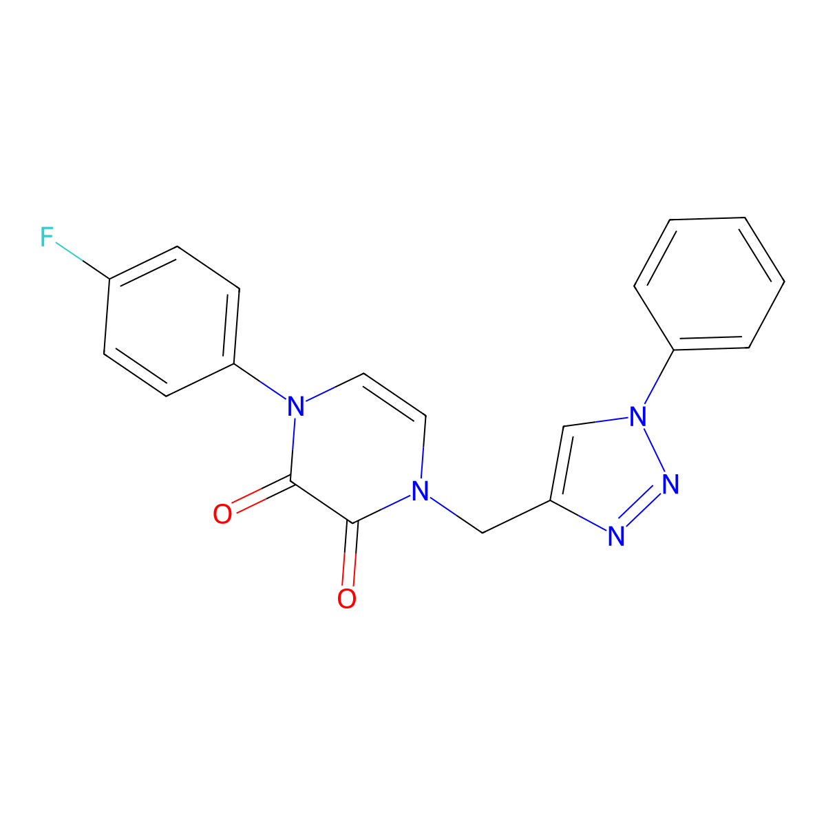 1-(4-Fluorophenyl)-4-[(1-phenyltriazol-4-yl)methyl]pyrazine-2,3-dione molecular structure, CAS 2379996-68-4