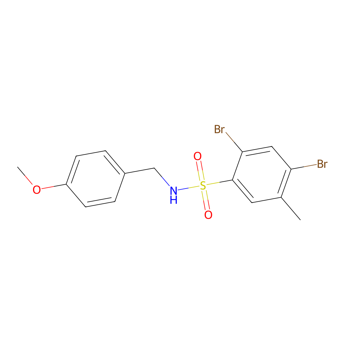 2,4-dibromo-N-[(4-methoxyphenyl)methyl]-5-methylbenzene-1-sulfonamide molecular structure, CAS 2379996-69-5