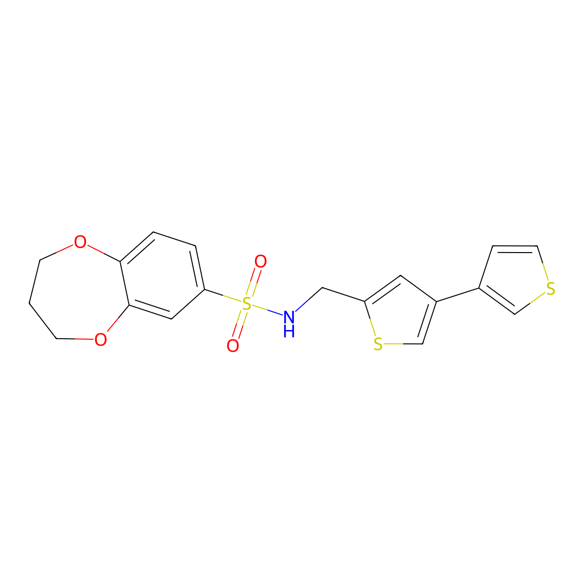 N-({[3,3'-bithiophene]-5-yl}methyl)-3,4-dihydro-2H-1,5-benzodioxepine-7-sulfonamide molecular structure, CAS 2379996-75-3