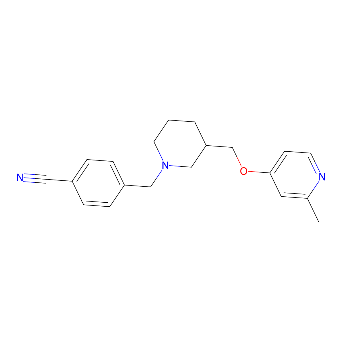 4-[(3-{[(2-Methylpyridin-4-yl)oxy]methyl}piperidin-1-yl)methyl]benzonitrile molecular structure, CAS 2379996-78-6