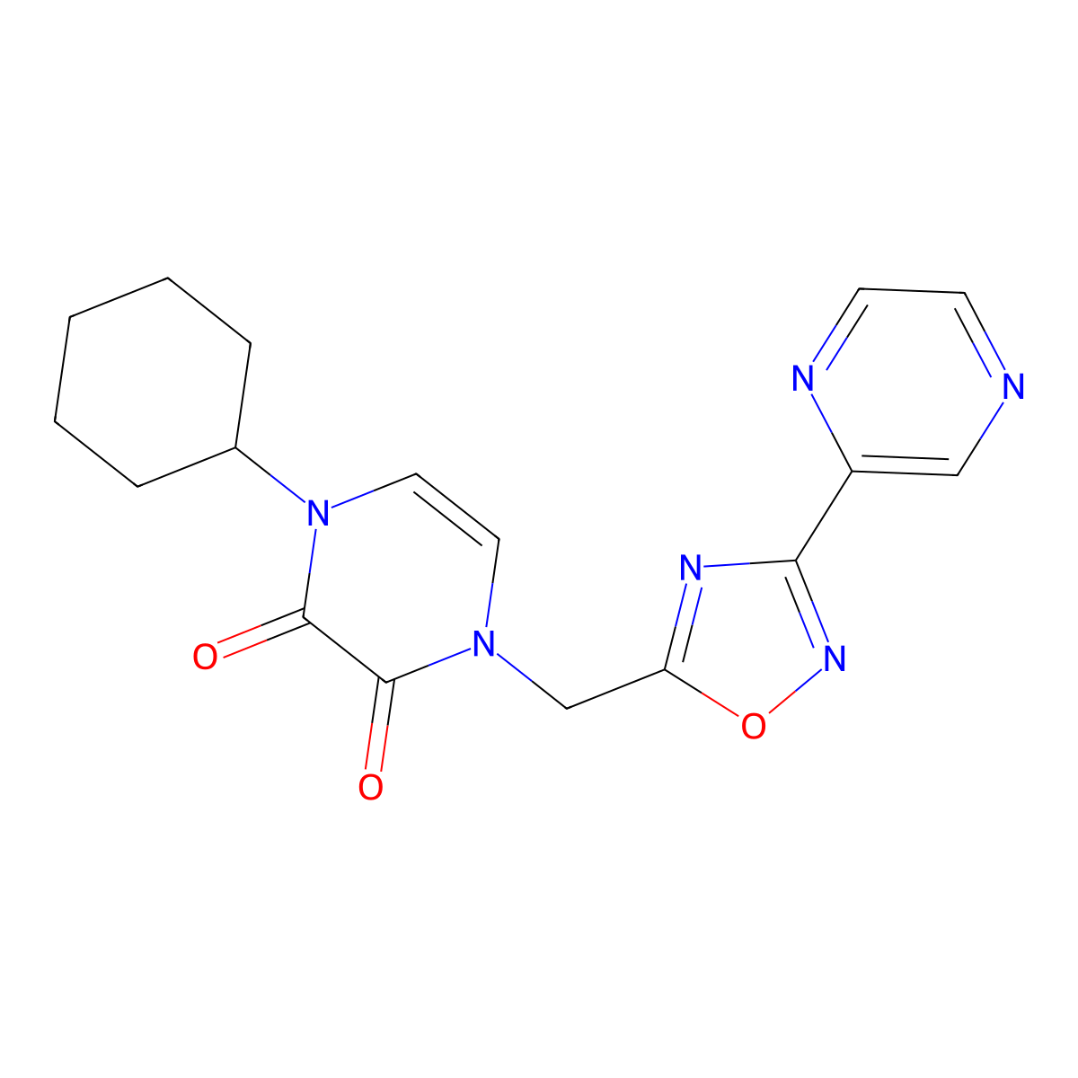 1-Cyclohexyl-4-{[3-(pyrazin-2-yl)-1,2,4-oxadiazol-5-yl]methyl}-1,2,3,4-tetrahydropyrazine-2,3-dione molecular structure, CAS 2379996-80-0