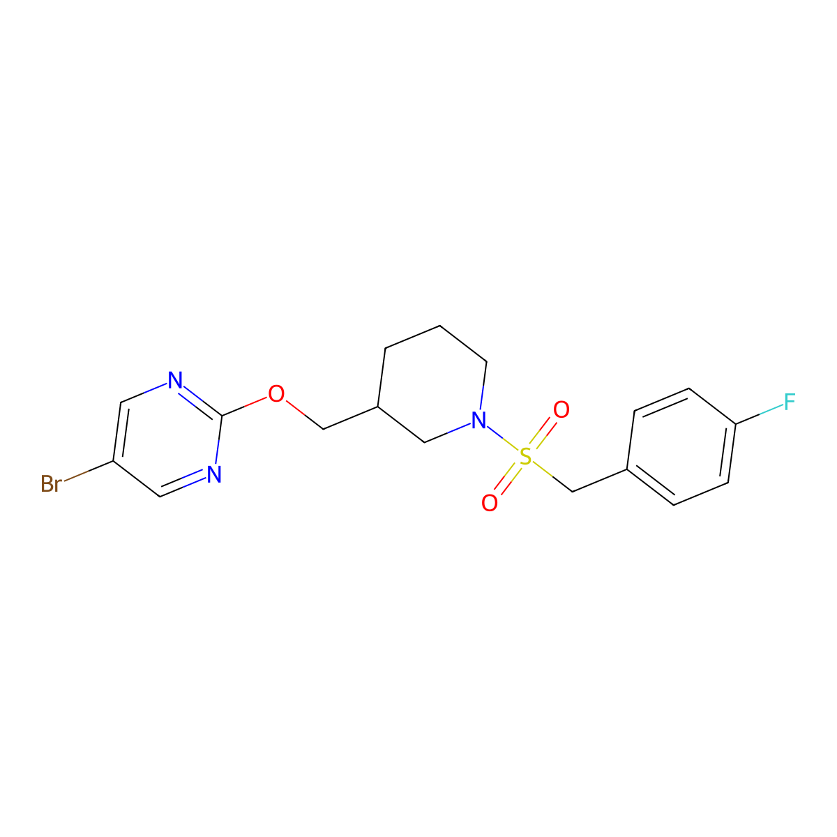 5-Bromo-2-({1-[(4-fluorophenyl)methanesulfonyl]piperidin-3-yl}methoxy)pyrimidine molecular structure, CAS 2379996-88-8