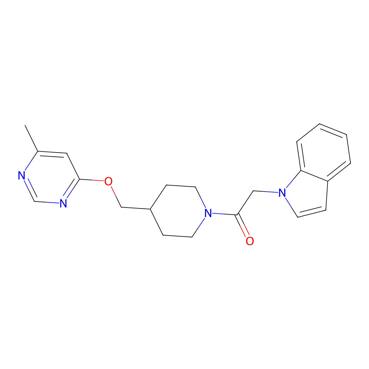 2-(1H-indol-1-yl)-1-(4-{[(6-methylpyrimidin-4-yl)oxy]methyl}piperidin-1-yl)ethan-1-one molecular structure, CAS 2379996-93-5