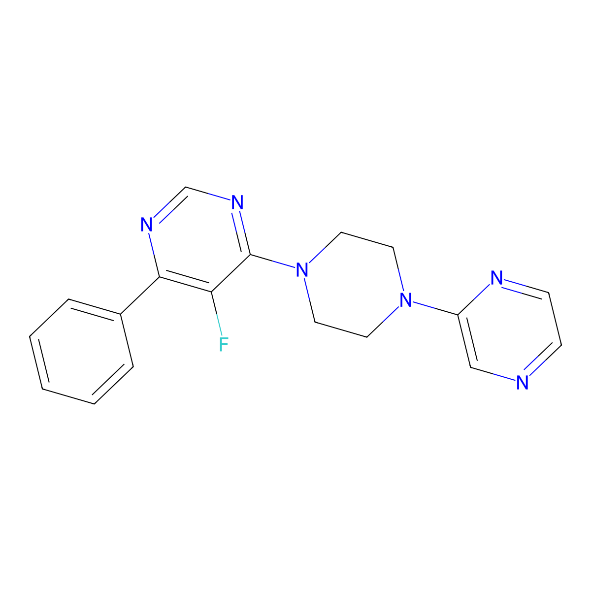 5-Fluoro-4-phenyl-6-[4-(pyrazin-2-yl)piperazin-1-yl]pyrimidine molecular structure, CAS 2379996-96-8