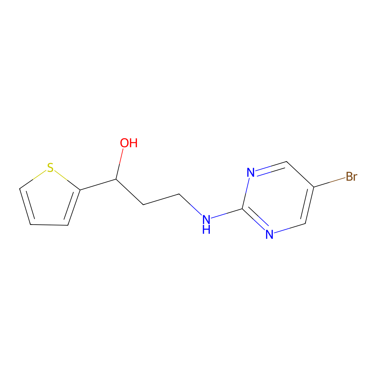 3-[(5-Bromopyrimidin-2-yl)amino]-1-(thiophen-2-yl)propan-1-ol molecular structure, CAS 2379997-03-0