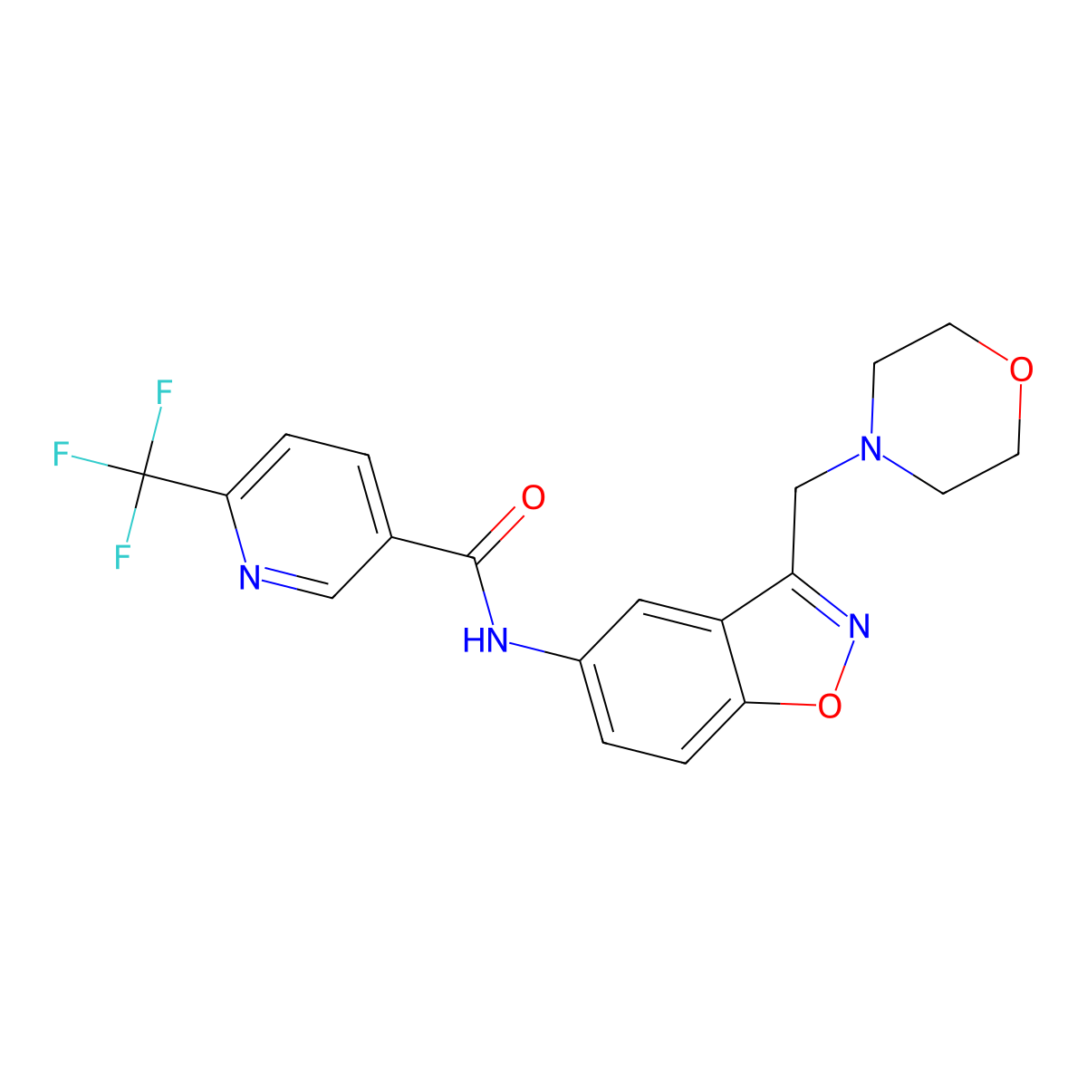 N-{3-[(morpholin-4-yl)methyl]-1,2-benzoxazol-5-yl}-6-(trifluoromethyl)pyridine-3-carboxamide molecular structure, CAS 2379997-06-3