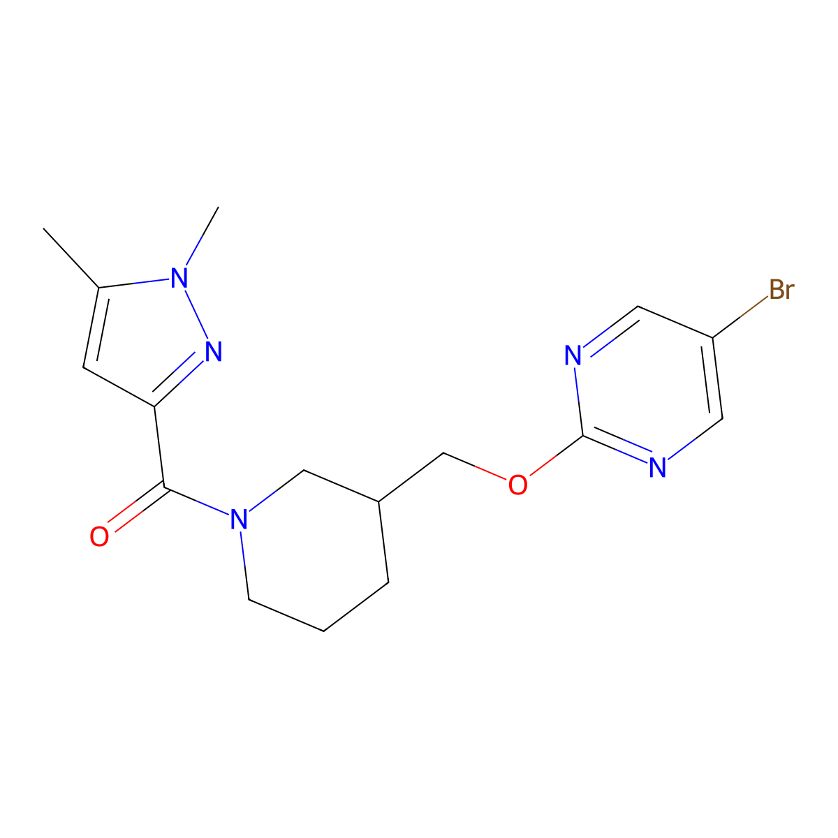 5-bromo-2-{[1-(1,5-dimethyl-1H-pyrazole-3-carbonyl)piperidin-3-yl]methoxy}pyrimidine molecular structure, CAS 2379997-14-3