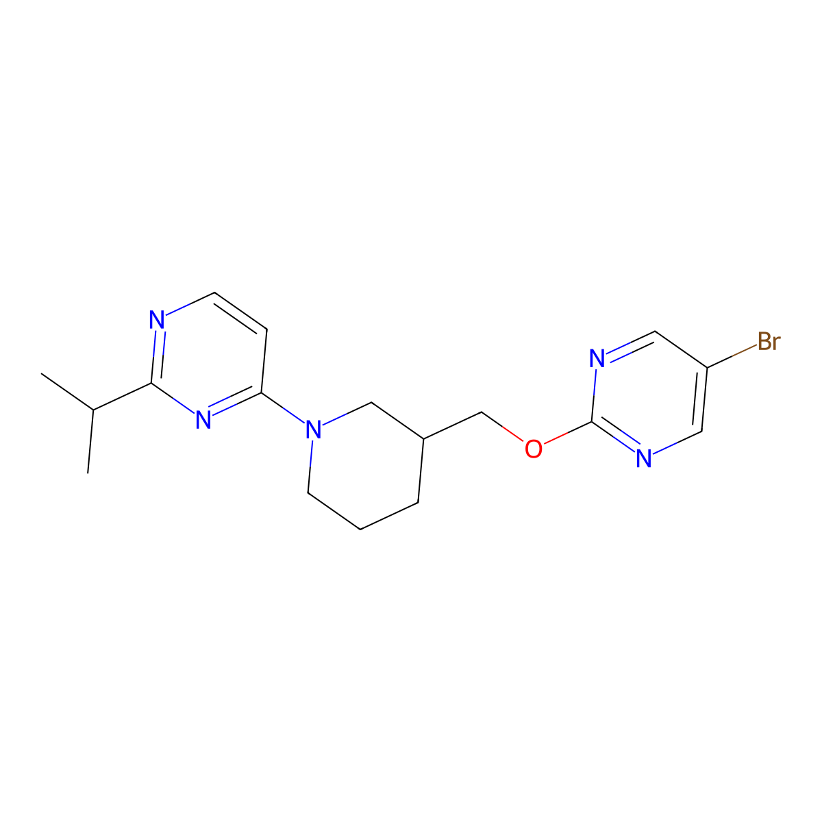 4-(3-{[(5-Bromopyrimidin-2-yl)oxy]methyl}piperidin-1-yl)-2-(propan-2-yl)pyrimidine molecular structure, CAS 2379997-27-8