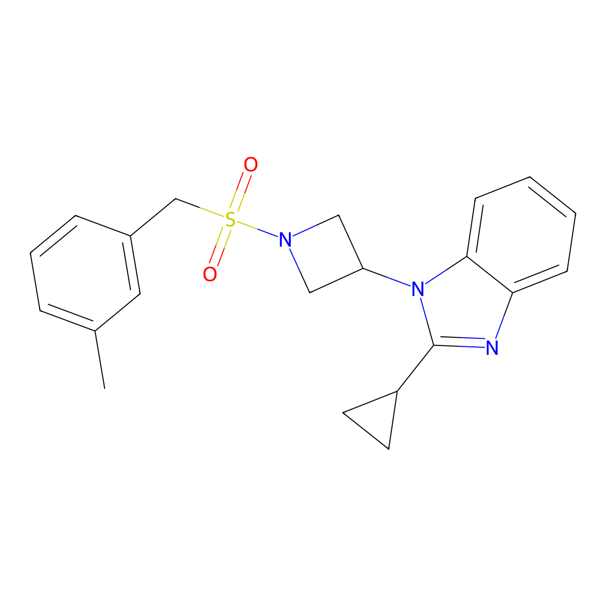 2-cyclopropyl-1-{1-[(3-methylphenyl)methanesulfonyl]azetidin-3-yl}-1H-1,3-benzodiazole molecular structure, CAS 2379997-31-4