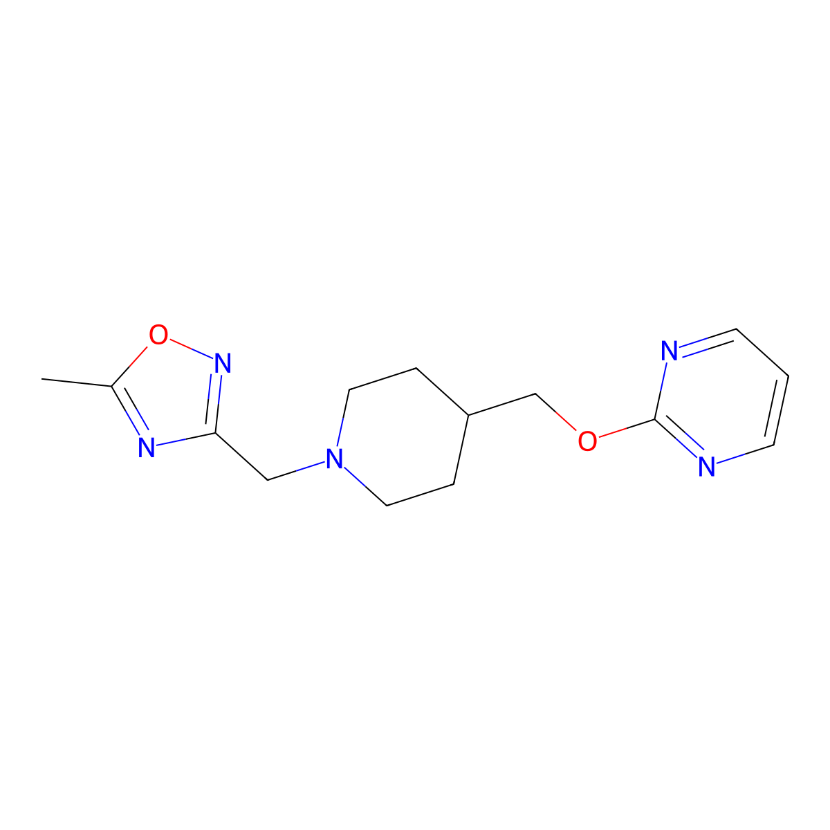 2-({1-[(5-Methyl-1,2,4-oxadiazol-3-yl)methyl]piperidin-4-yl}methoxy)pyrimidine molecular structure, CAS 2379997-39-2