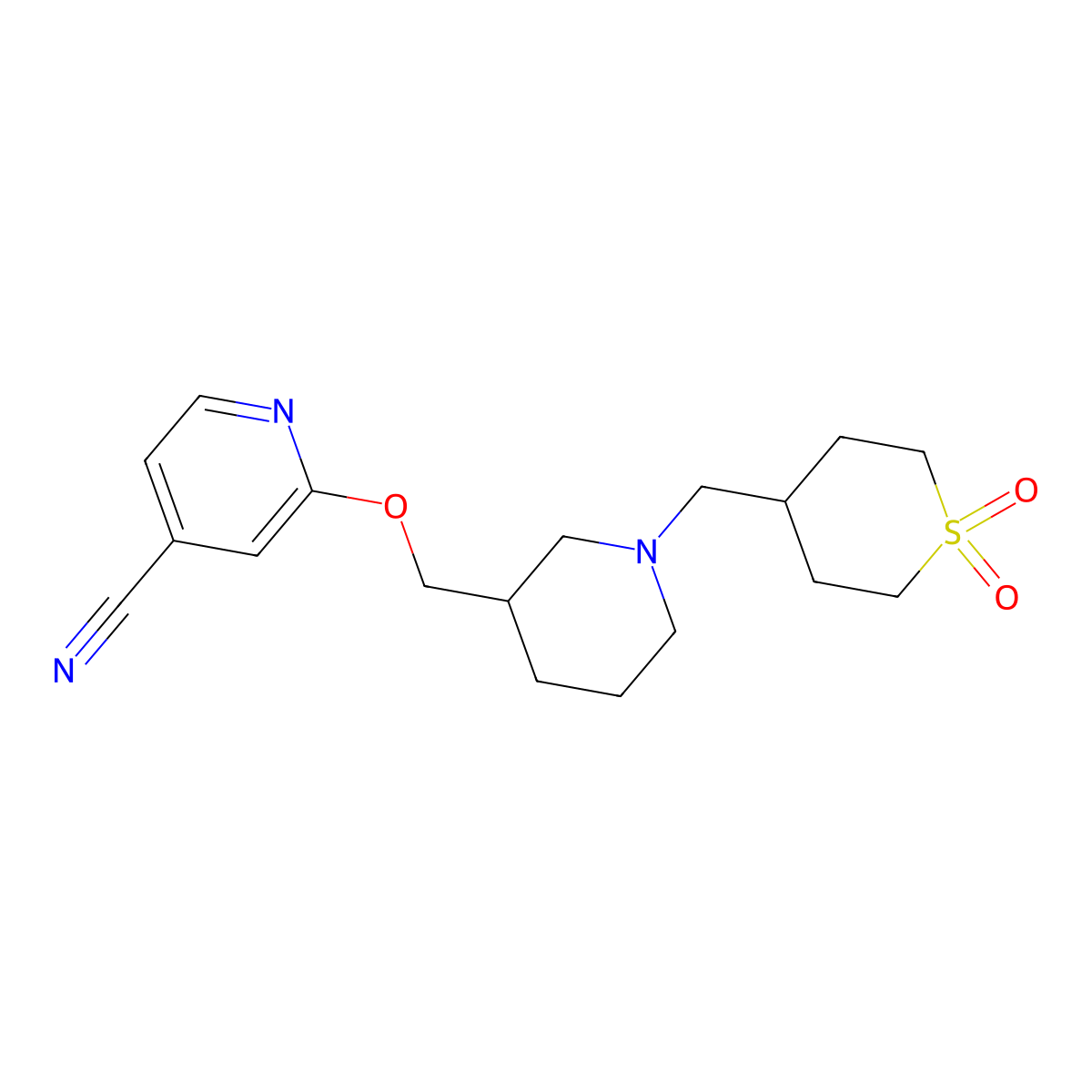 2-({1-[(1,1-Dioxo-1lambda6-thian-4-yl)methyl]piperidin-3-yl}methoxy)pyridine-4-carbonitrile molecular structure, CAS 2379997-40-5