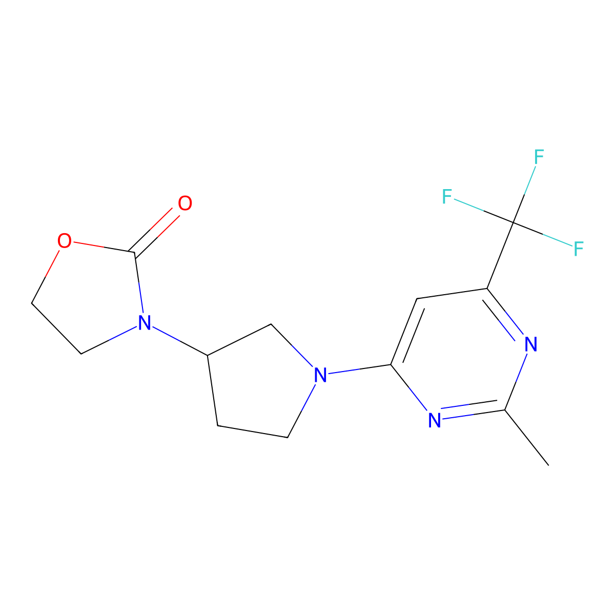 3-{1-[2-Methyl-6-(trifluoromethyl)pyrimidin-4-yl]pyrrolidin-3-yl}-1,3-oxazolidin-2-one molecular structure, CAS 2379997-41-6
