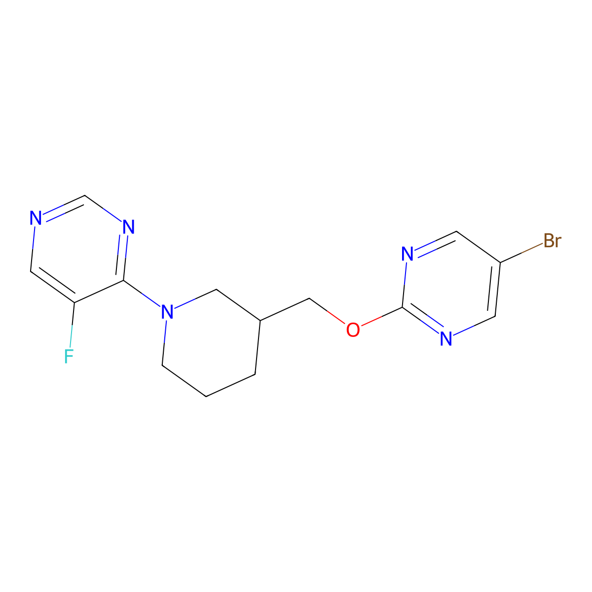 4-(3-{[(5-Bromopyrimidin-2-yl)oxy]methyl}piperidin-1-yl)-5-fluoropyrimidine molecular structure, CAS 2379997-45-0