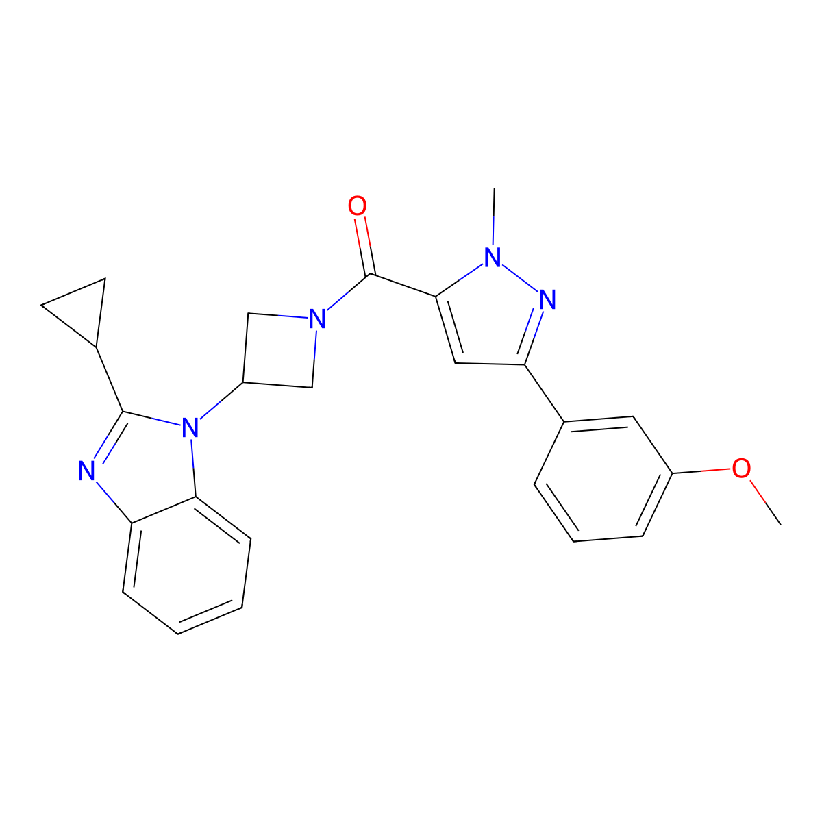 2-cyclopropyl-1-{1-[3-(3-methoxyphenyl)-1-methyl-1H-pyrazole-5-carbonyl]azetidin-3-yl}-1H-1,3-benzodiazole molecular structure, CAS 2379997-49-4