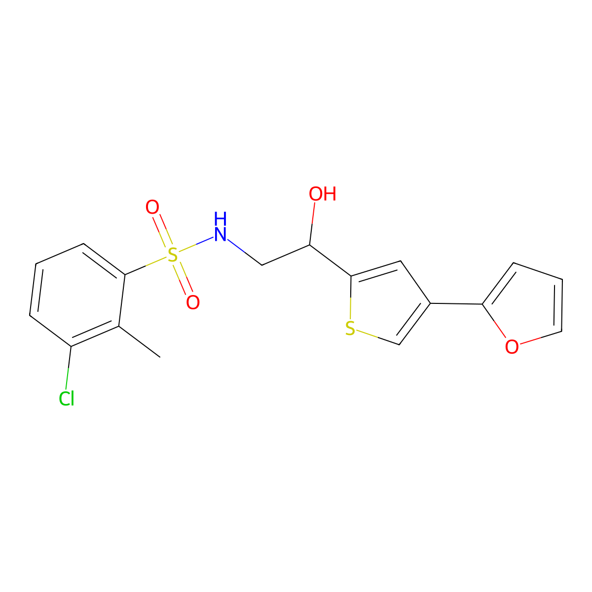 3-chloro-N-{2-[4-(furan-2-yl)thiophen-2-yl]-2-hydroxyethyl}-2-methylbenzene-1-sulfonamide molecular structure, CAS 2379997-63-2
