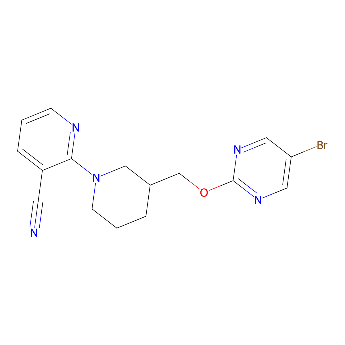 2-(3-{[(5-Bromopyrimidin-2-yl)oxy]methyl}piperidin-1-yl)pyridine-3-carbonitrile molecular structure, CAS 2379997-70-1