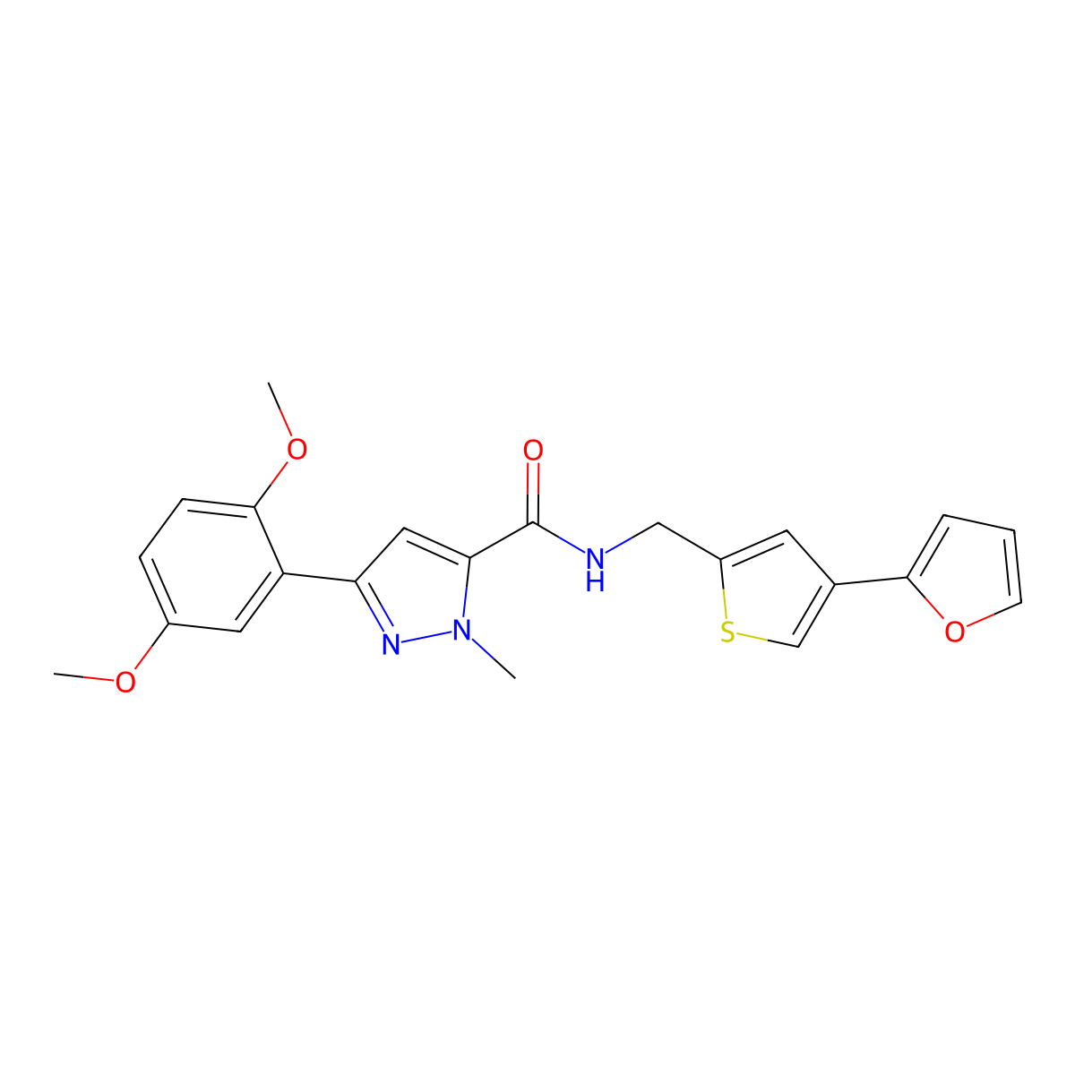 5-(2,5-Dimethoxyphenyl)-N-[[4-(furan-2-yl)thiophen-2-yl]methyl]-2-methylpyrazole-3-carboxamide molecular structure, CAS 2379997-75-6