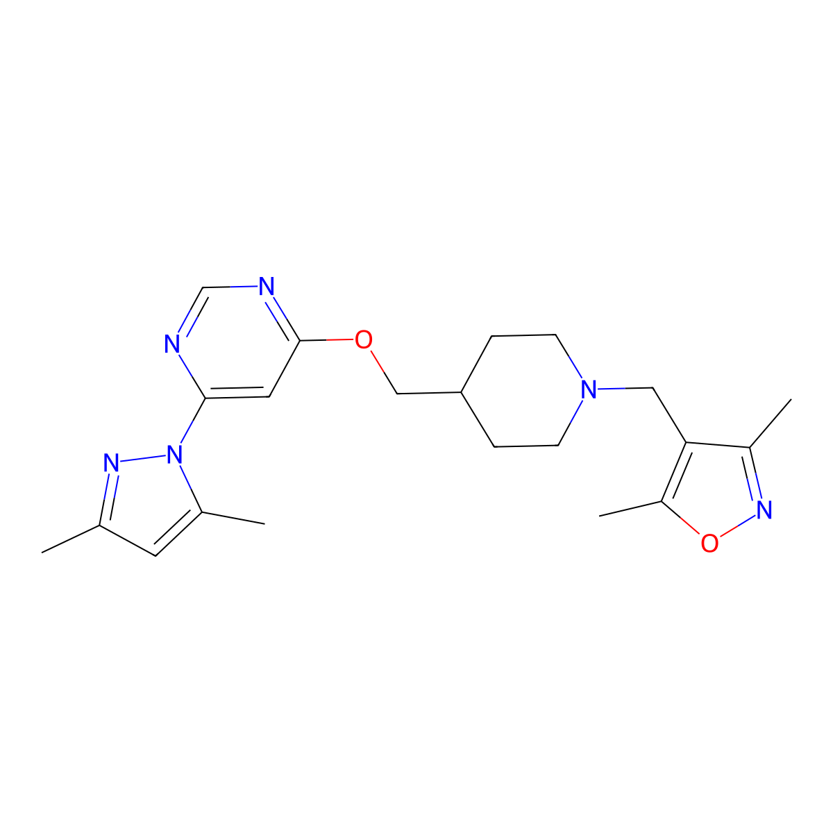 4-({1-[(3,5-dimethyl-1,2-oxazol-4-yl)methyl]piperidin-4-yl}methoxy)-6-(3,5-dimethyl-1H-pyrazol-1-yl)pyrimidine molecular structure, CAS 2379997-76-7