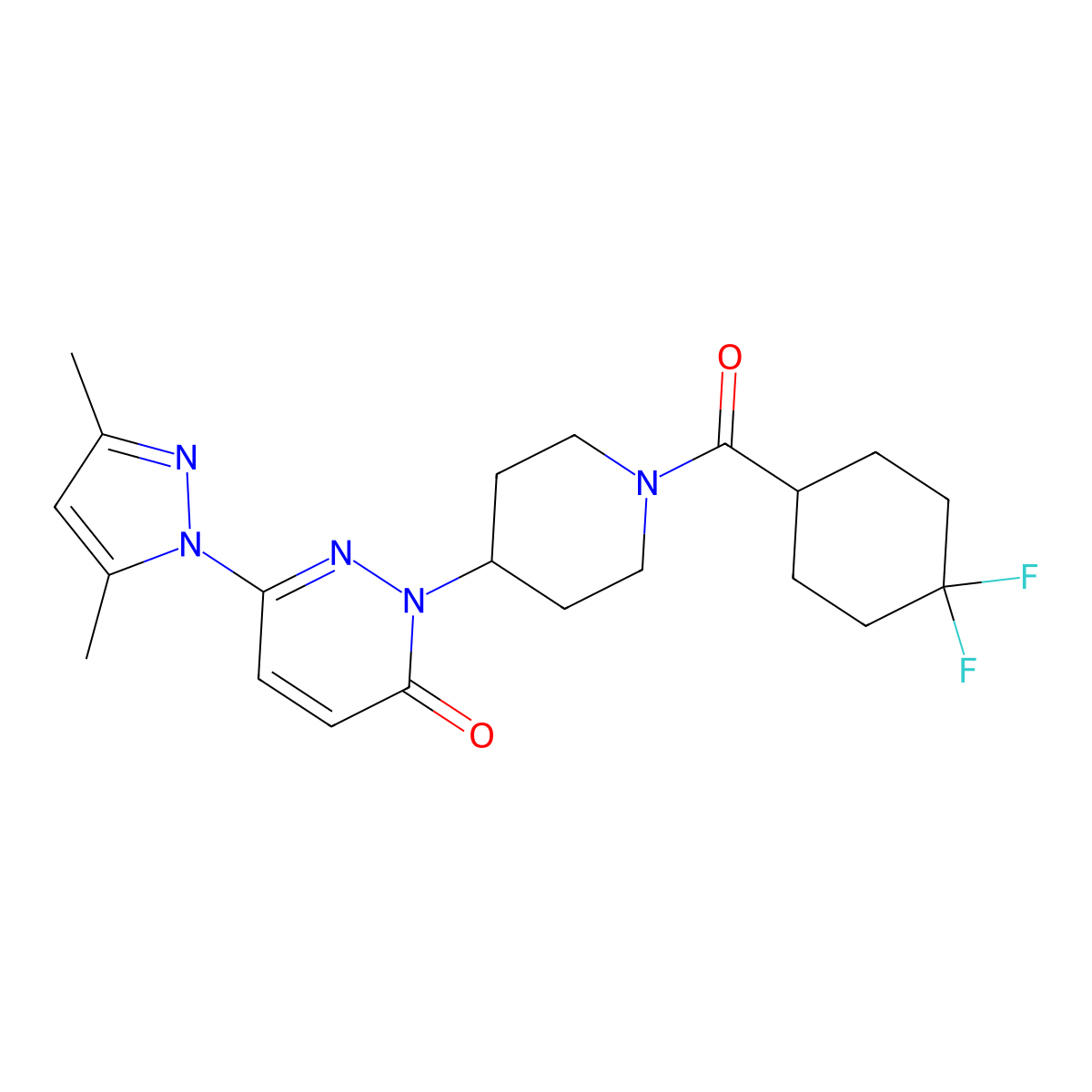 2-[1-(4,4-difluorocyclohexanecarbonyl)piperidin-4-yl]-6-(3,5-dimethyl-1H-pyrazol-1-yl)-2,3-dihydropyridazin-3-one molecular structure, CAS 2379997-78-9