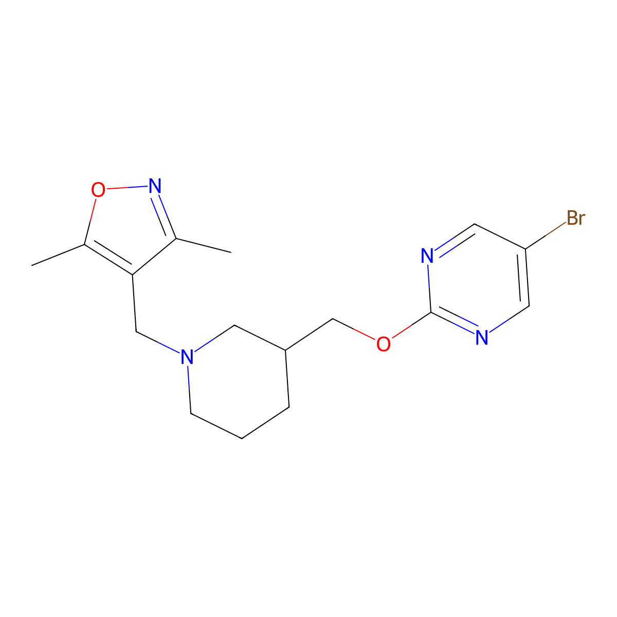 5-Bromo-2-({1-[(3,5-dimethyl-1,2-oxazol-4-yl)methyl]piperidin-3-yl}methoxy)pyrimidine molecular structure, CAS 2379997-81-4