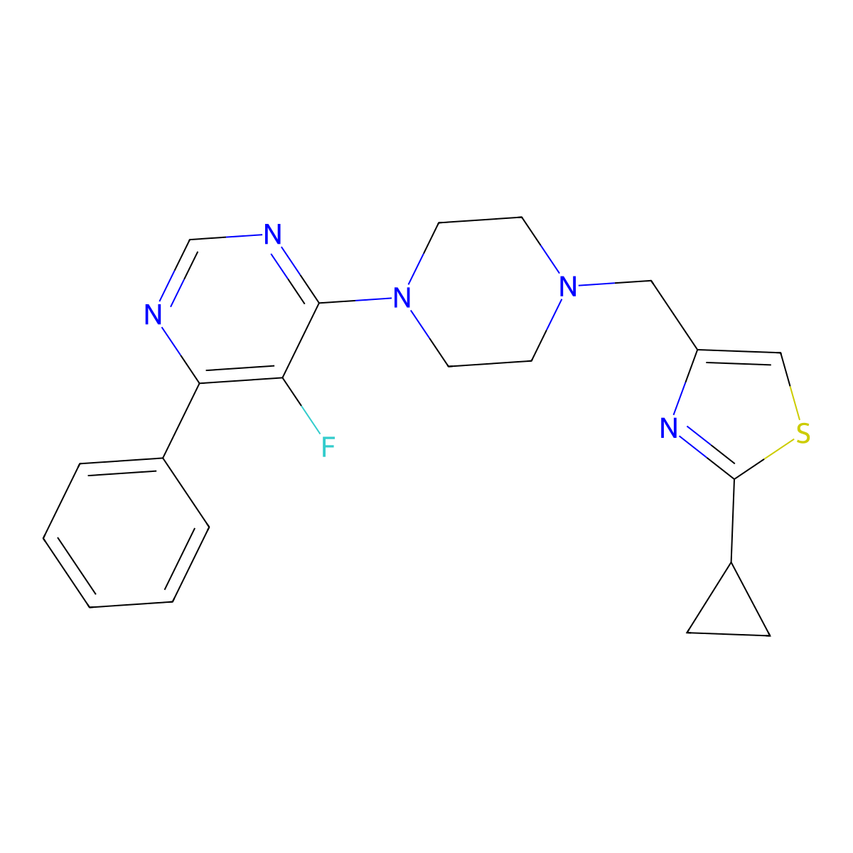 4-{4-[(2-Cyclopropyl-1,3-thiazol-4-yl)methyl]piperazin-1-yl}-5-fluoro-6-phenylpyrimidine molecular structure, CAS 2379998-07-7