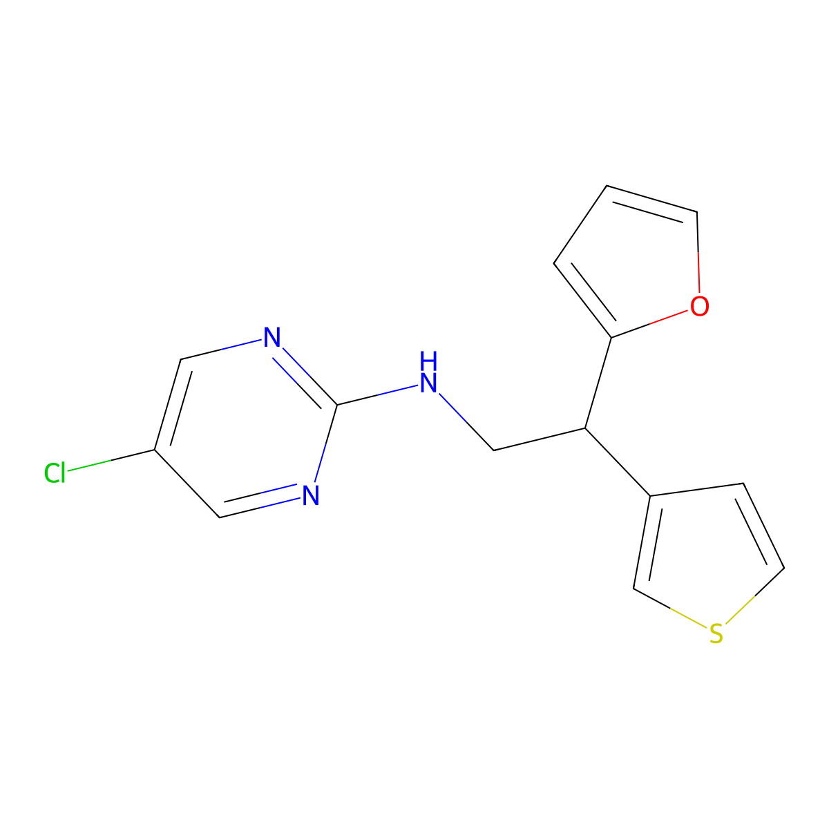 5-chloro-N-[2-(furan-2-yl)-2-(thiophen-3-yl)ethyl]pyrimidin-2-amine molecular structure, CAS 2379998-23-7