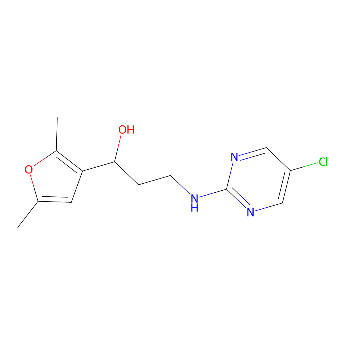 3-[(5-Chloropyrimidin-2-yl)amino]-1-(2,5-dimethylfuran-3-yl)propan-1-ol molecular structure, CAS 2380008-72-8